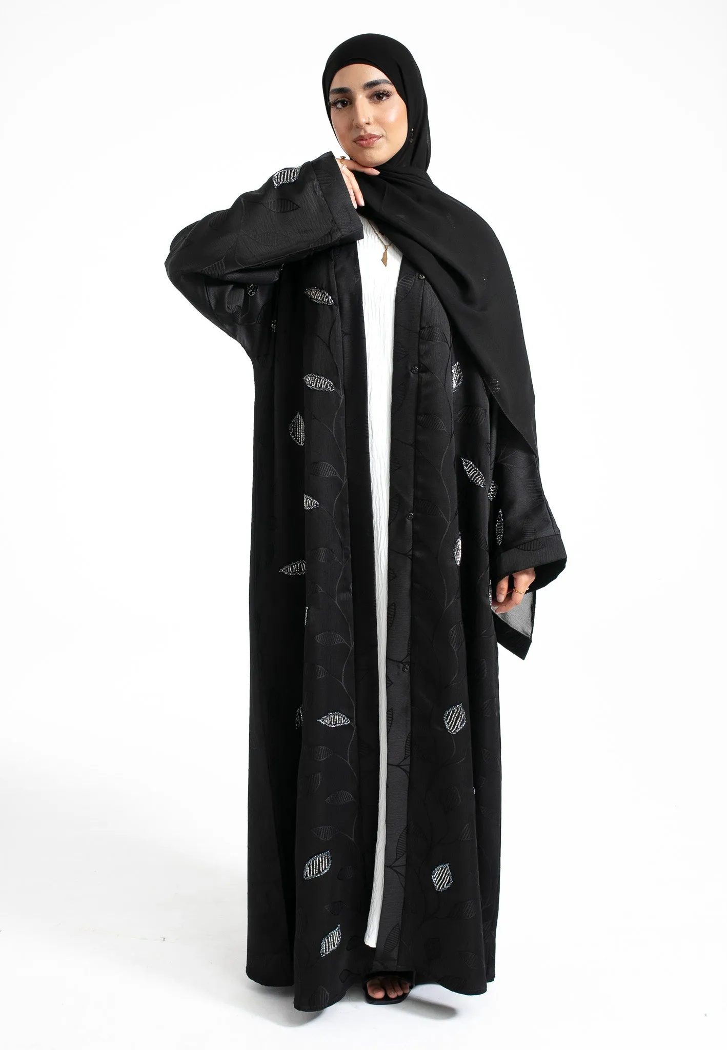 Black Deluxe Khaleeji-Style Silver Embellished Open Abaya (Premium)