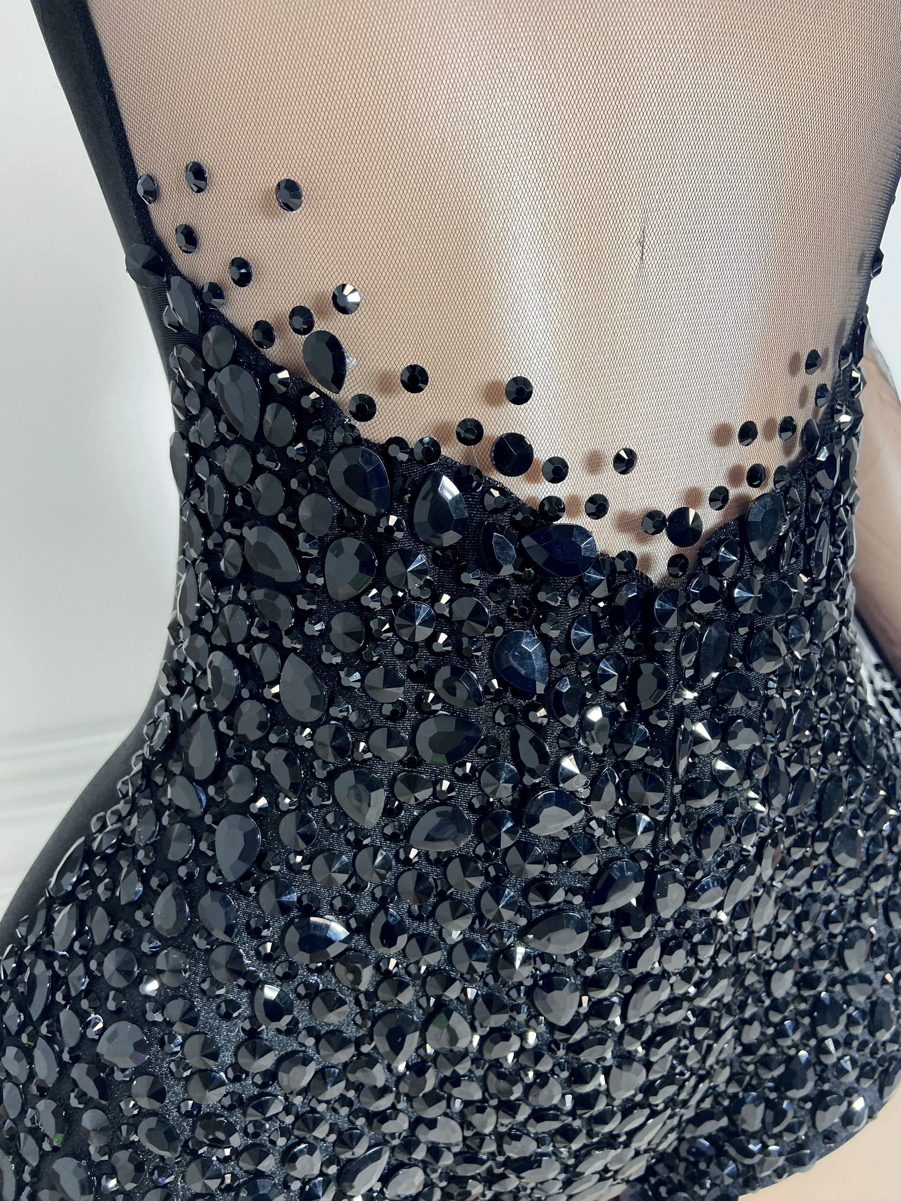 Black High Collar Long Sleeve Rhinestone Jumpsuit