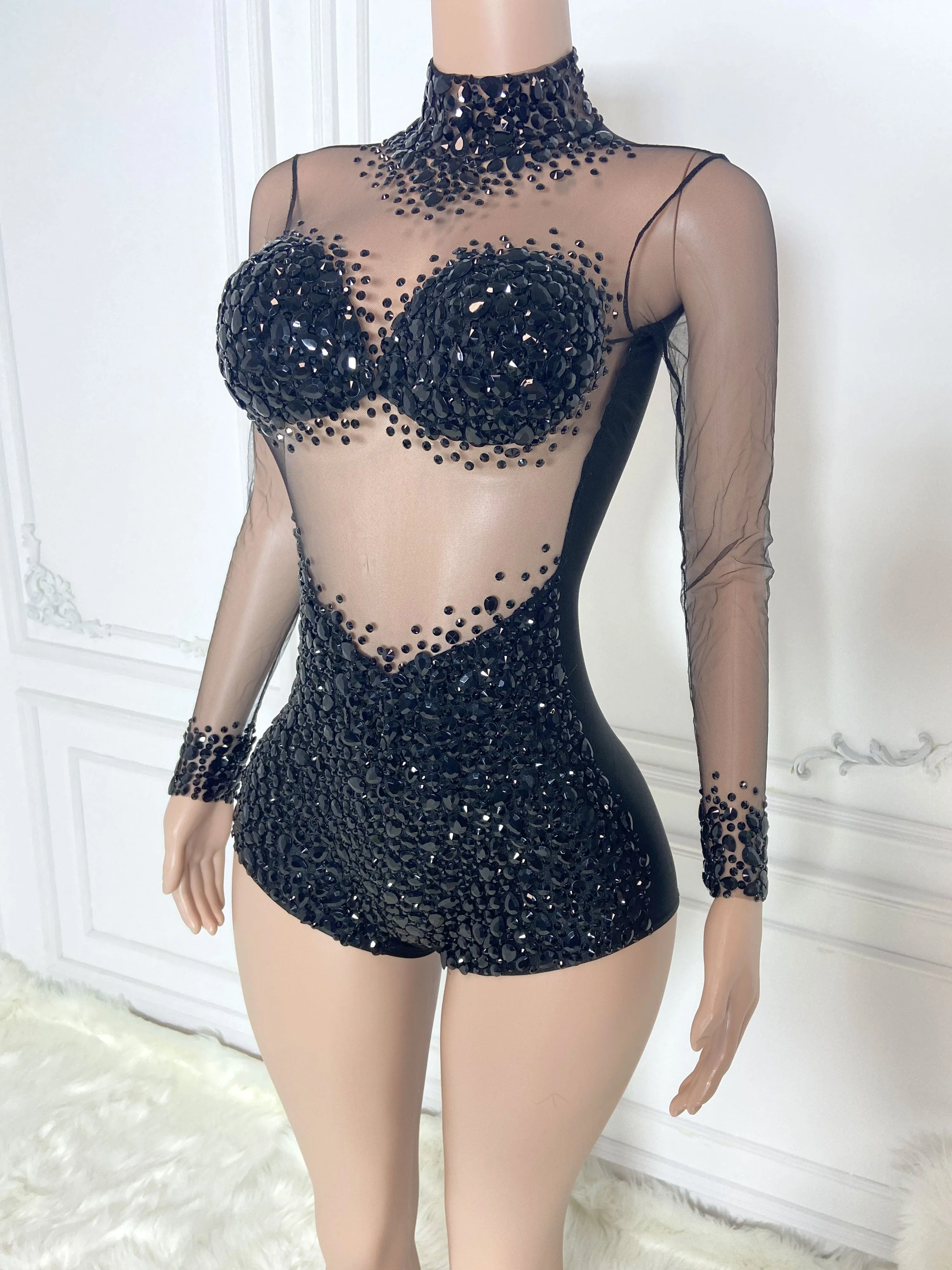 Black High Collar Long Sleeve Rhinestone Jumpsuit