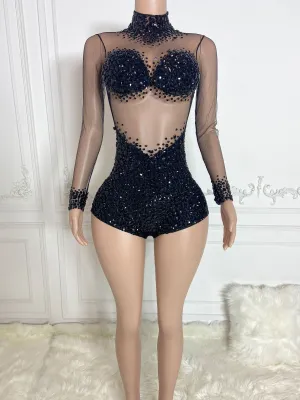 Black High Collar Long Sleeve Rhinestone Jumpsuit
