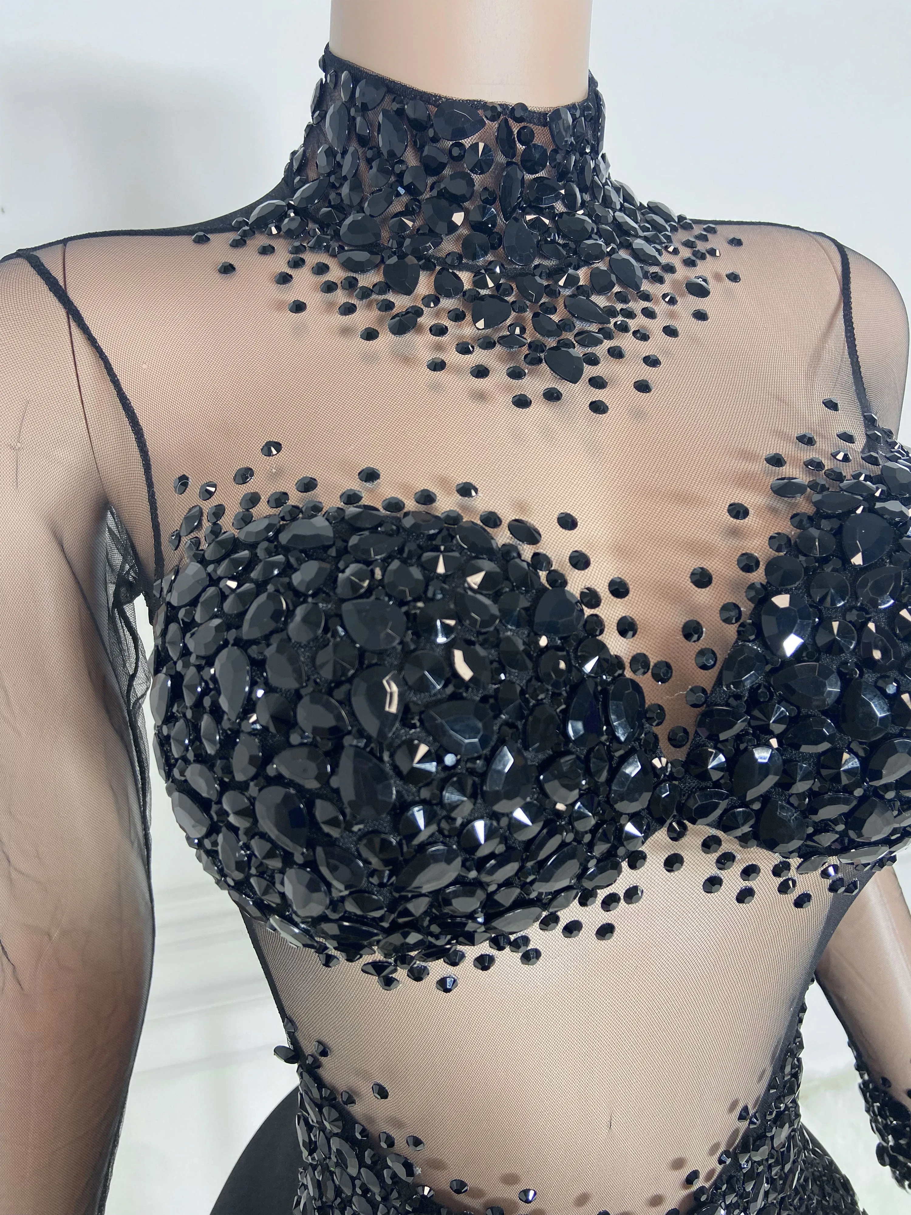 Black High Collar Long Sleeve Rhinestone Jumpsuit