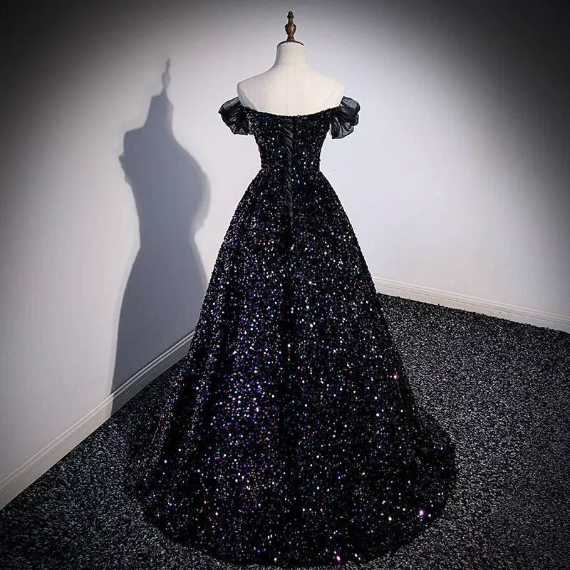 Black Off Shoulder Beaded Long Formal Dress, Black Shiny Sequins Evening Dress