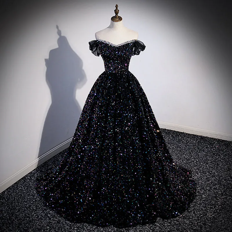Black Off Shoulder Beaded Long Formal Dress, Black Shiny Sequins Evening Dress