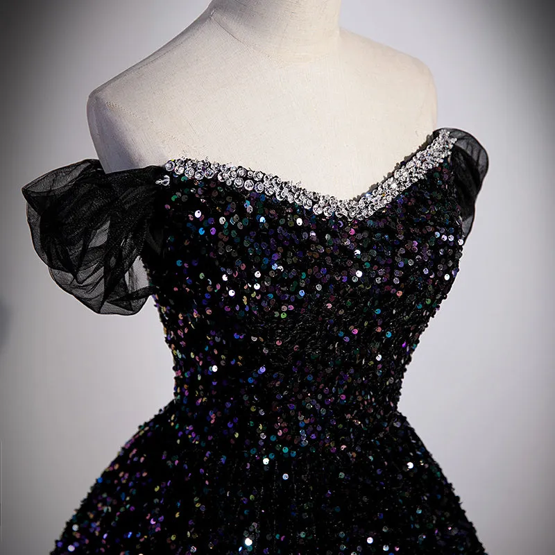 Black Off Shoulder Beaded Long Formal Dress, Black Shiny Sequins Evening Dress