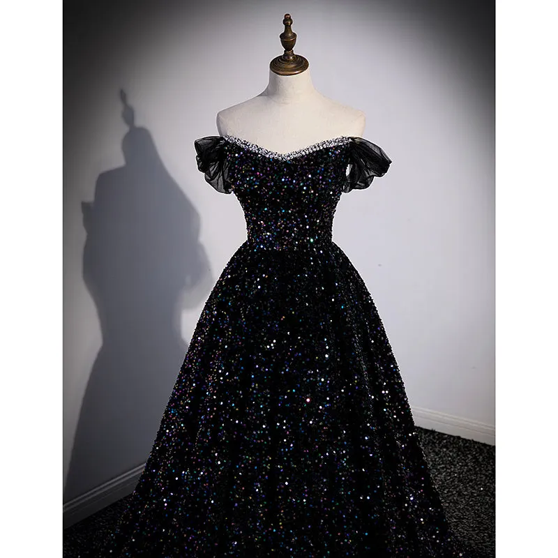 Black Off Shoulder Beaded Long Formal Dress, Black Shiny Sequins Evening Dress