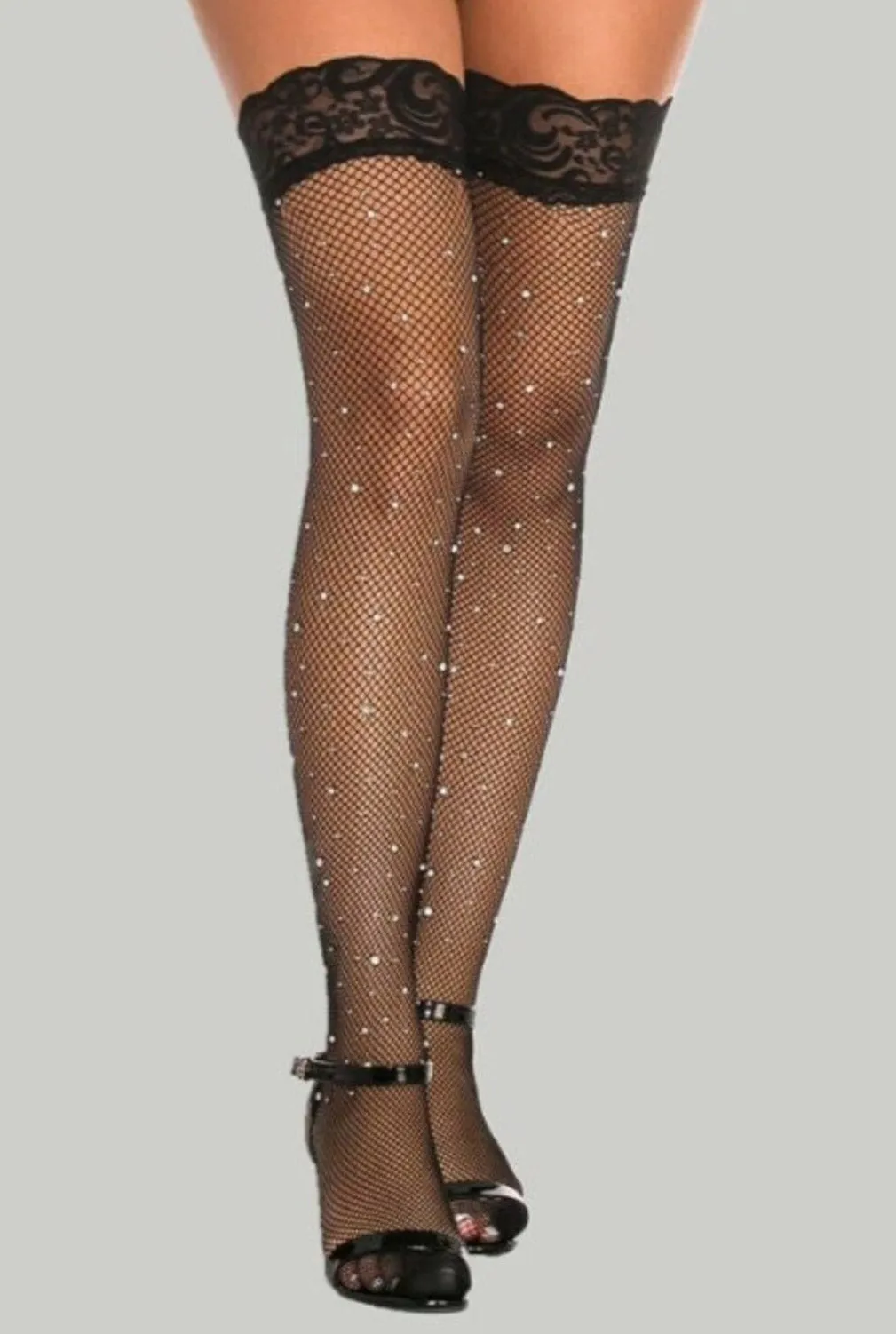 Black Rhinestone Crystals Stockings with Silicone Lace