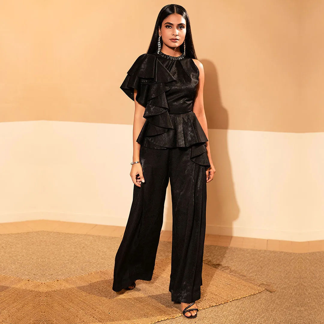 Black Ruffled Top And Palazzo Set