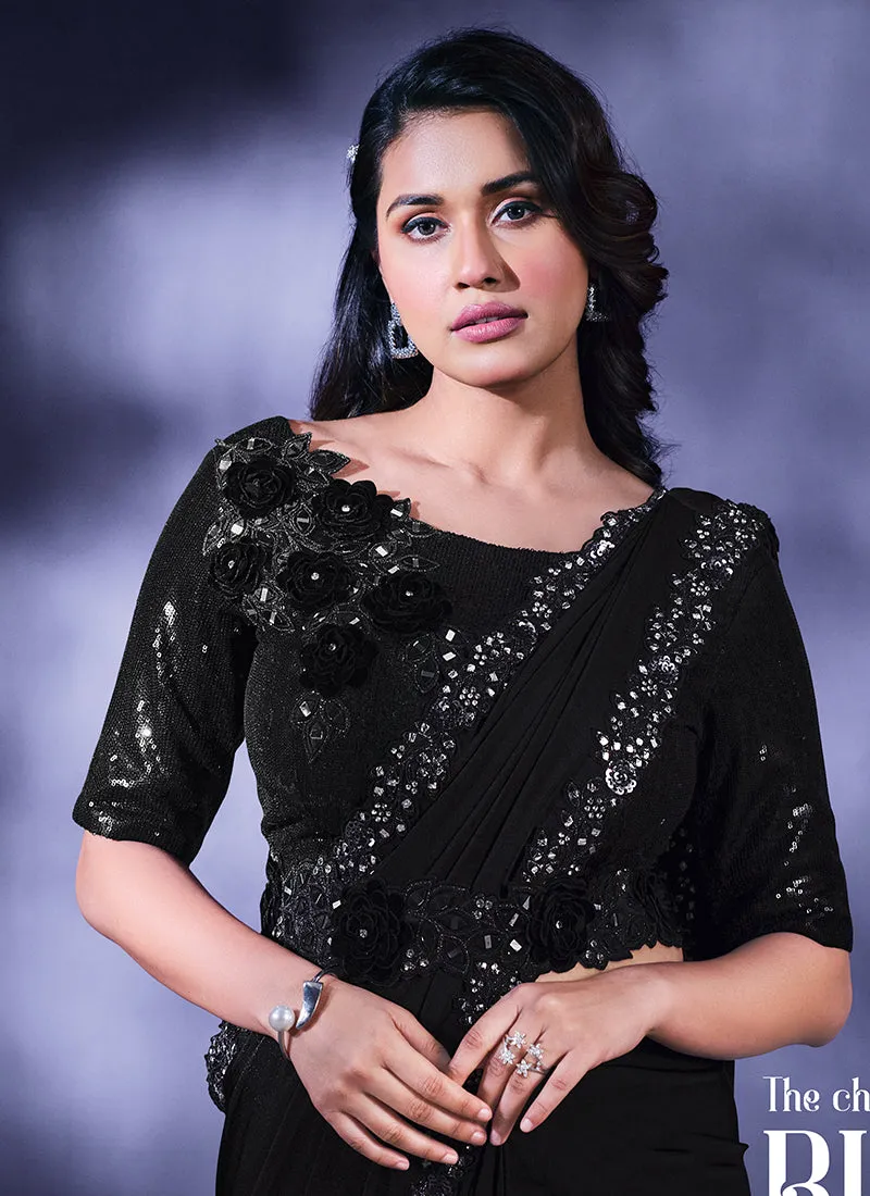 Black Sequence And Appliqué Embroidery Wedding Saree