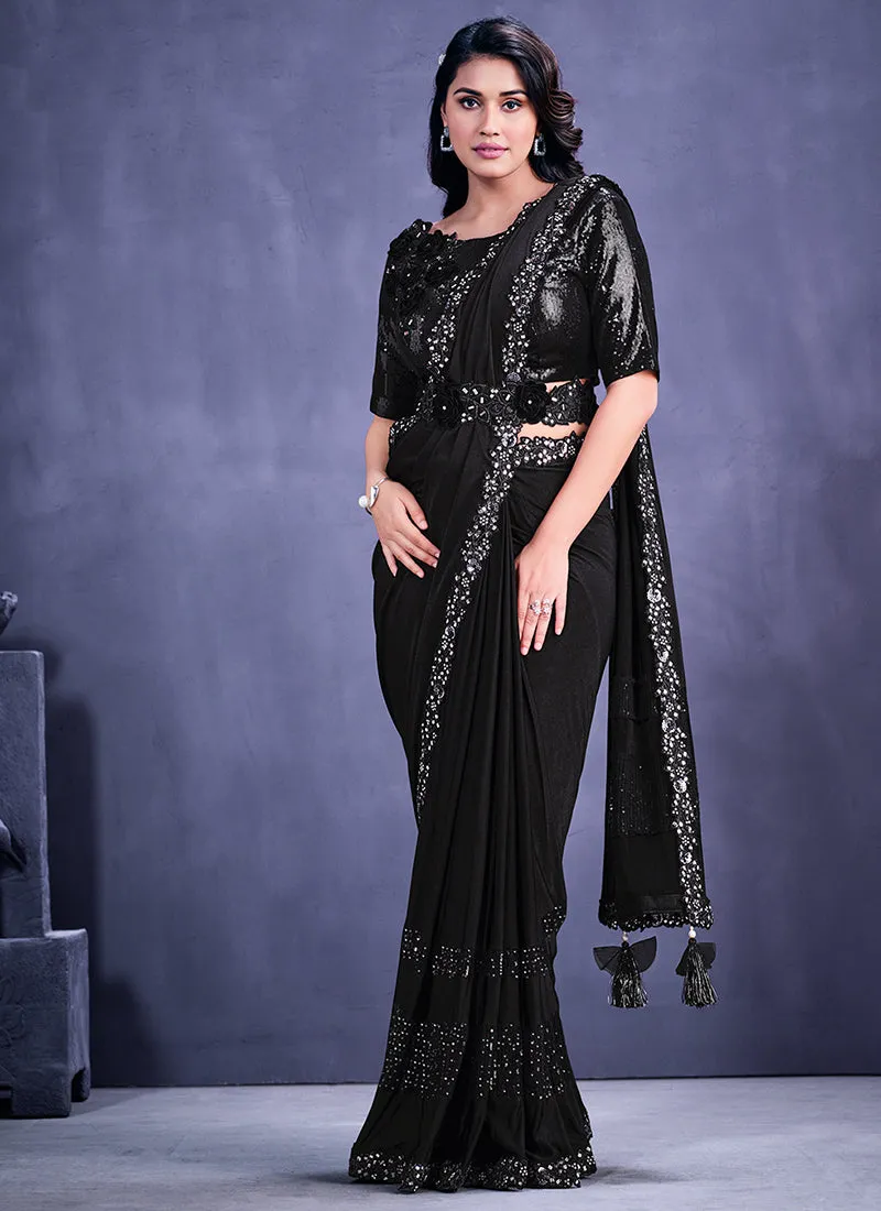 Black Sequence And Appliqué Embroidery Wedding Saree