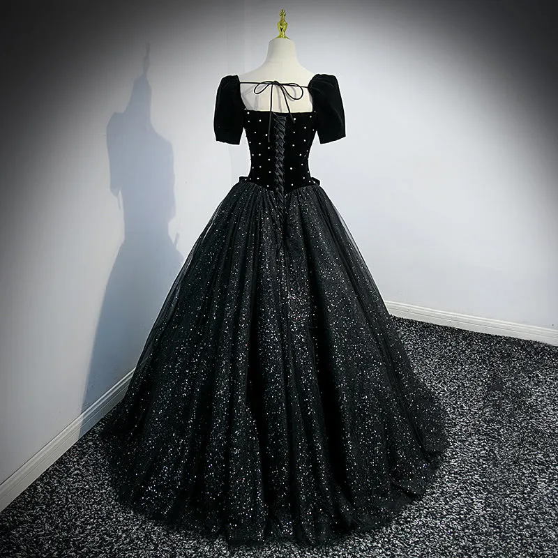 Black Short Sleeves Shiny Tulle Long Party Dress, Ball Gown Beaded Black Formal Dress