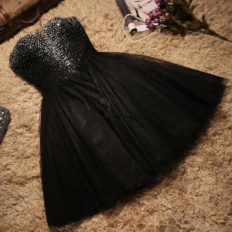 Black Sparkle Beaded Sweetheart Tulle Prom Dress, Black Homecoming Dress