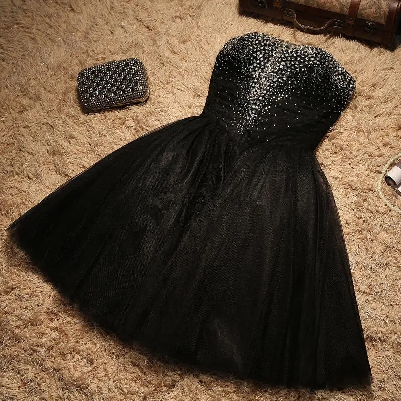 Black Sparkle Beaded Sweetheart Tulle Prom Dress, Black Homecoming Dress