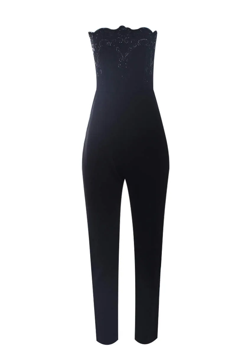 Black Strapless Lace Embellished Jumpsuit