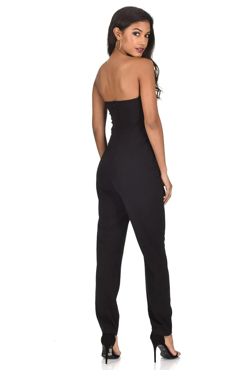 Black Strapless Lace Embellished Jumpsuit