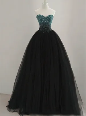 Black Tulle Sweetheart Beaded Long Evening Gown, Black A-line Prom Dresses