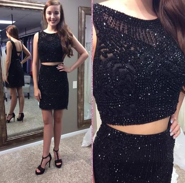 Black Two Pieces Shinny Homecoming Dresses, Short Prom Dresses, MH299
