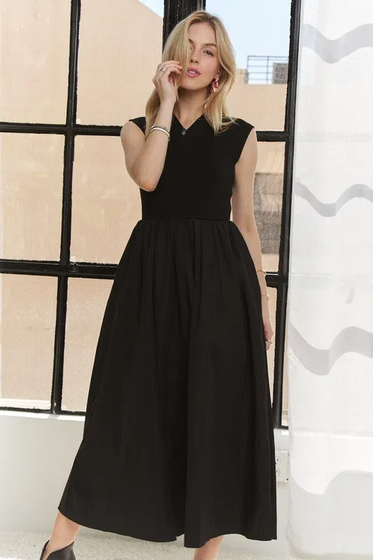 Black V-Neck Cap Sleeve Dress