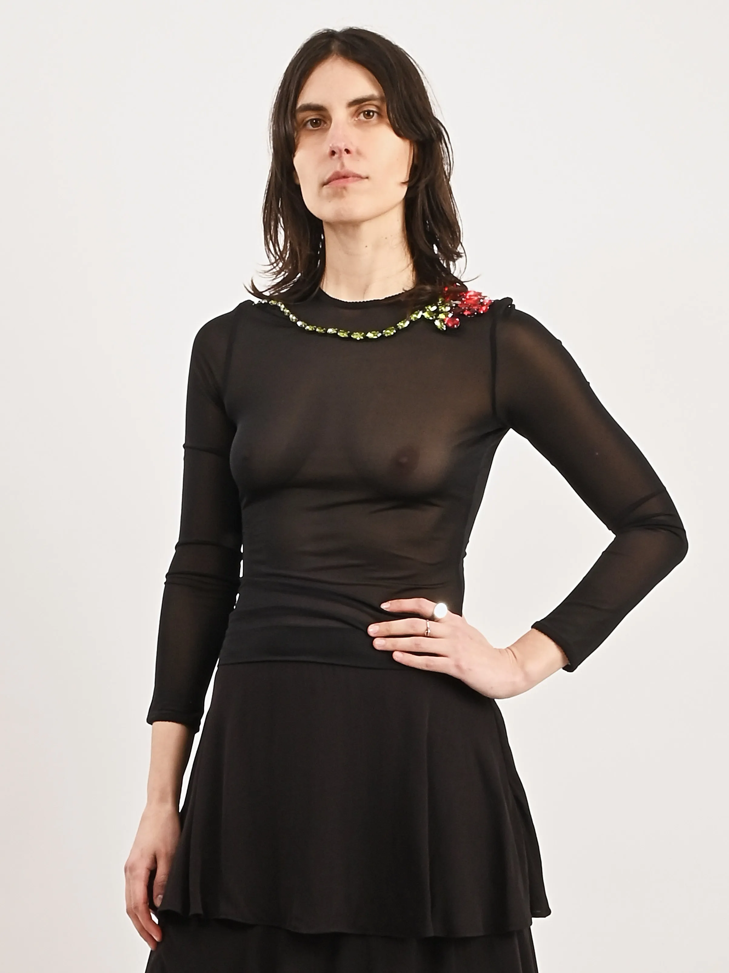 Black/Red/Multi Sheer Fitted Ballet Mesh Top W/Emb