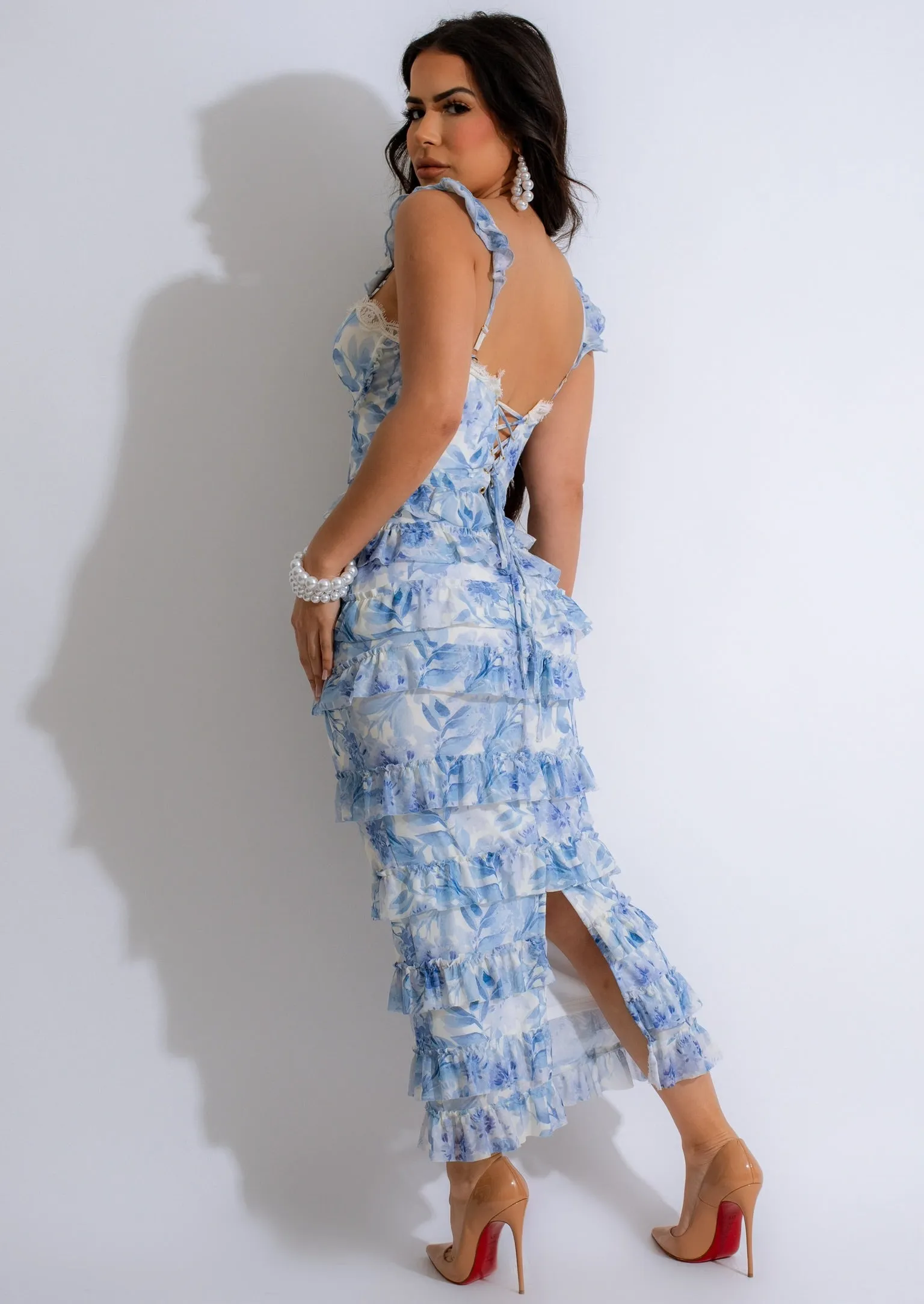 Blossom Mesh Ruffle Midi Dress Blue