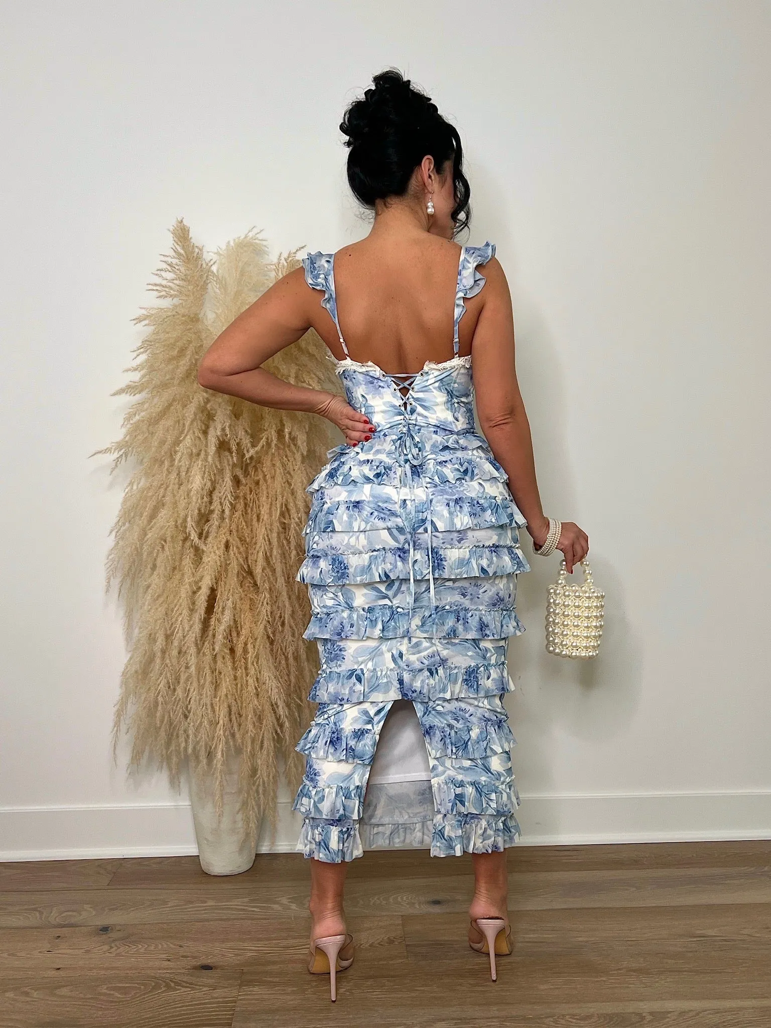 Blossom Mesh Ruffle Midi Dress Blue