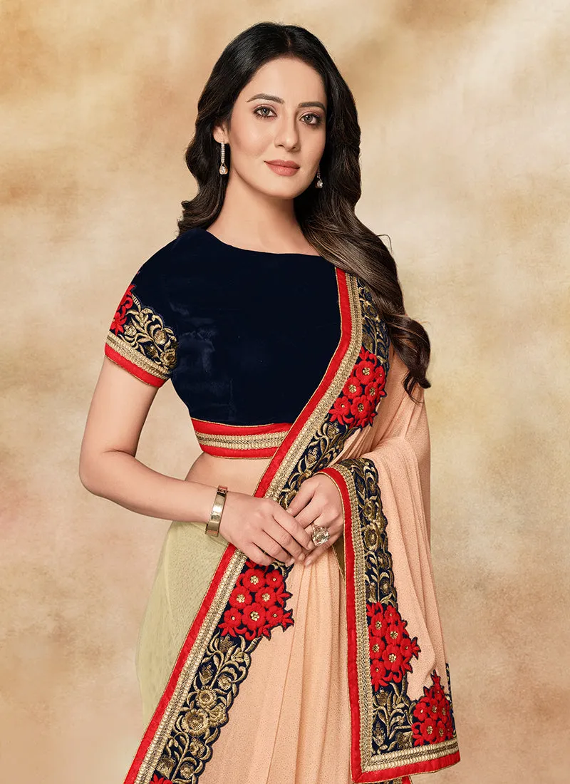 Blue And Beige Embroidered Party Wear Saree
