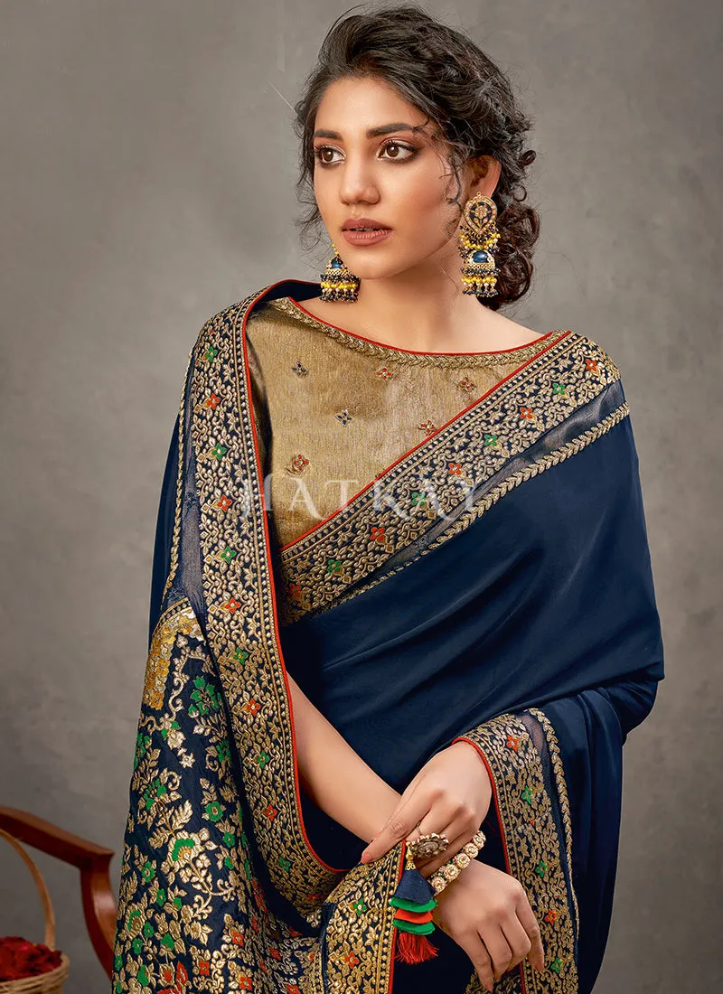 Blue And Copper Zari Embroidered Satin Silk Saree