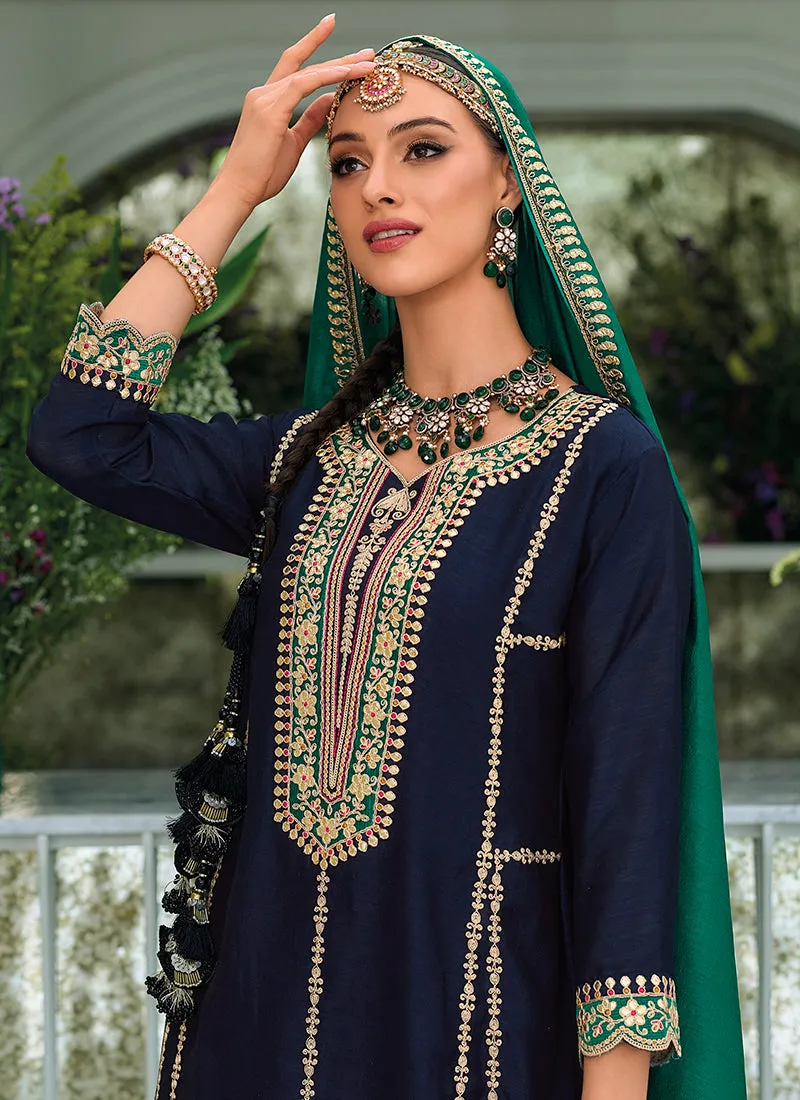 Blue And Green Embroidery Traditional Salwar Kameez