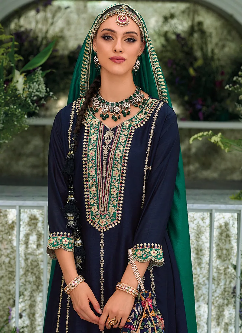 Blue And Green Embroidery Traditional Salwar Kameez