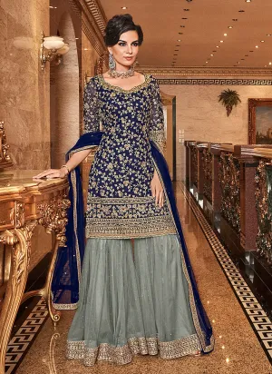 Blue And Grey Floral Embroidered Gharara Palazzo Suit