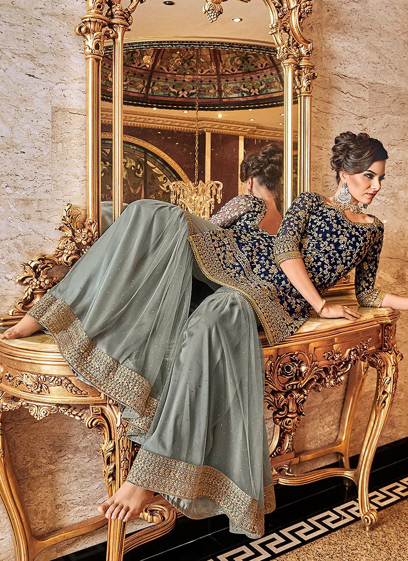 Blue And Grey Floral Embroidered Gharara Palazzo Suit