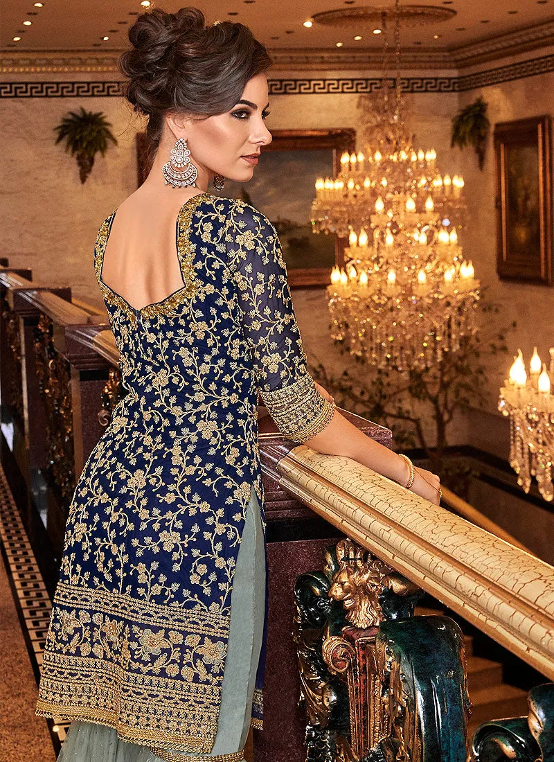 Blue And Grey Floral Embroidered Gharara Palazzo Suit