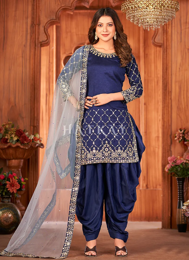 Blue And Grey Mirror Work Embroidery Patiala Suit