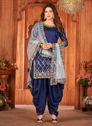 Blue And Grey Mirror Work Embroidery Patiala Suit