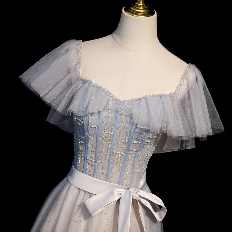 Blue and Pink Beaded Tulle Lovely A-line Long Party Dress, Tulle Evening Dresses Prom Dresses