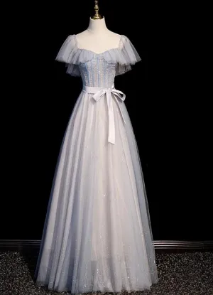Blue and Pink Beaded Tulle Lovely A-line Long Party Dress, Tulle Evening Dresses Prom Dresses