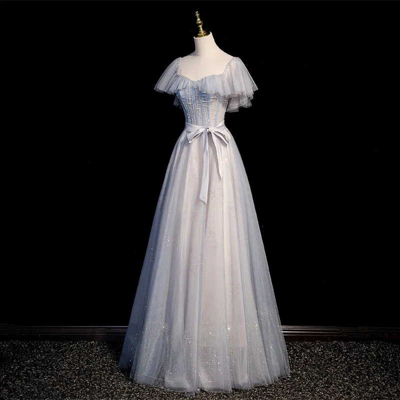 Blue and Pink Beaded Tulle Lovely A-line Long Party Dress, Tulle Evening Dresses Prom Dresses