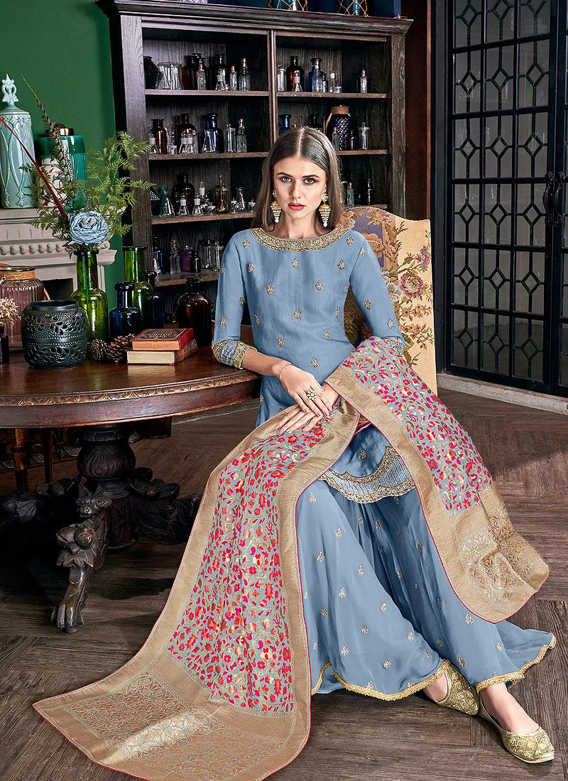 Blue And Pink Embellished Silk Palazzos Pant Suit
