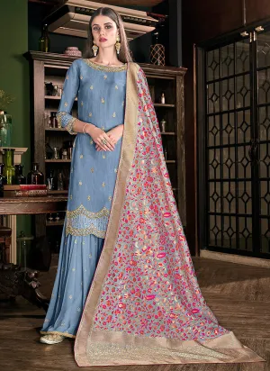 Blue And Pink Embellished Silk Palazzos Pant Suit