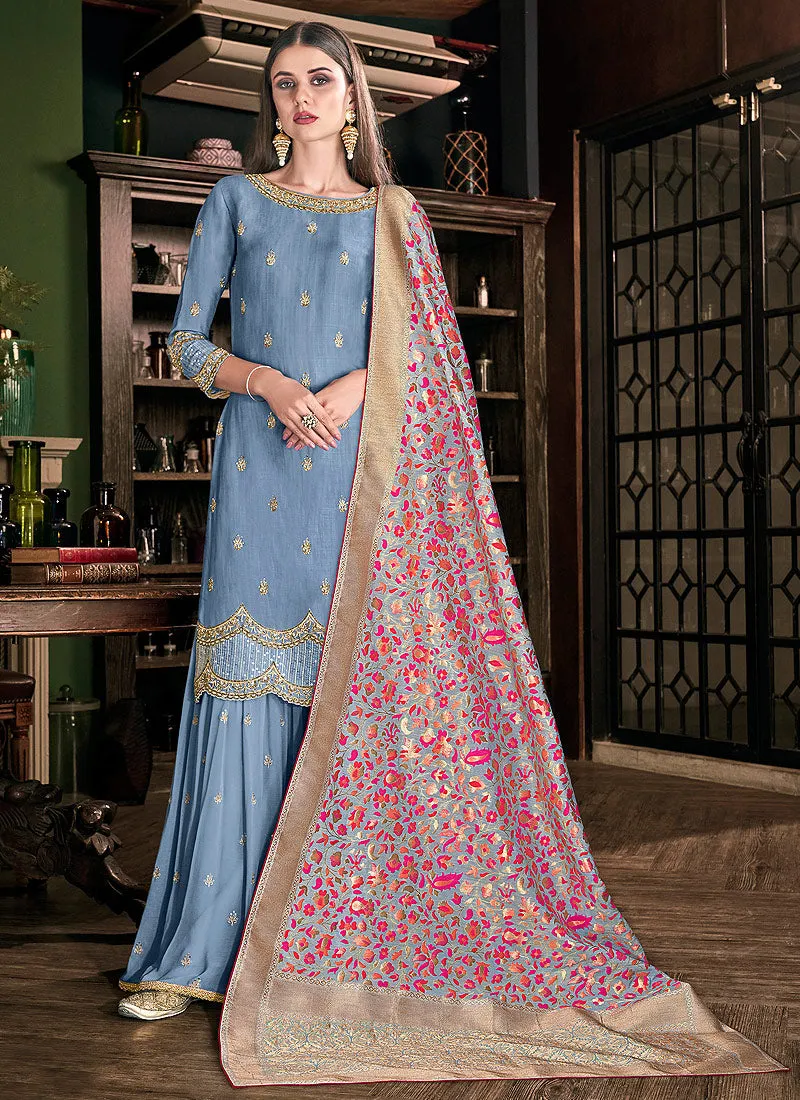 Blue And Pink Embellished Silk Palazzos Pant Suit