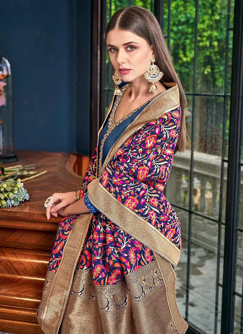 Blue And Pink Silk Palazzos Pant Suit