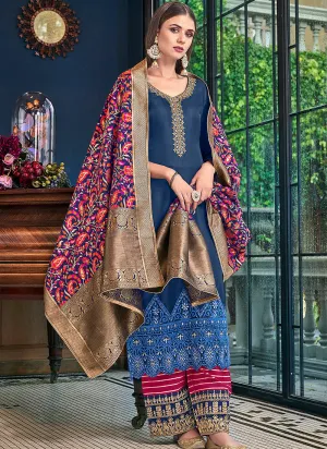 Blue And Pink Silk Palazzos Pant Suit