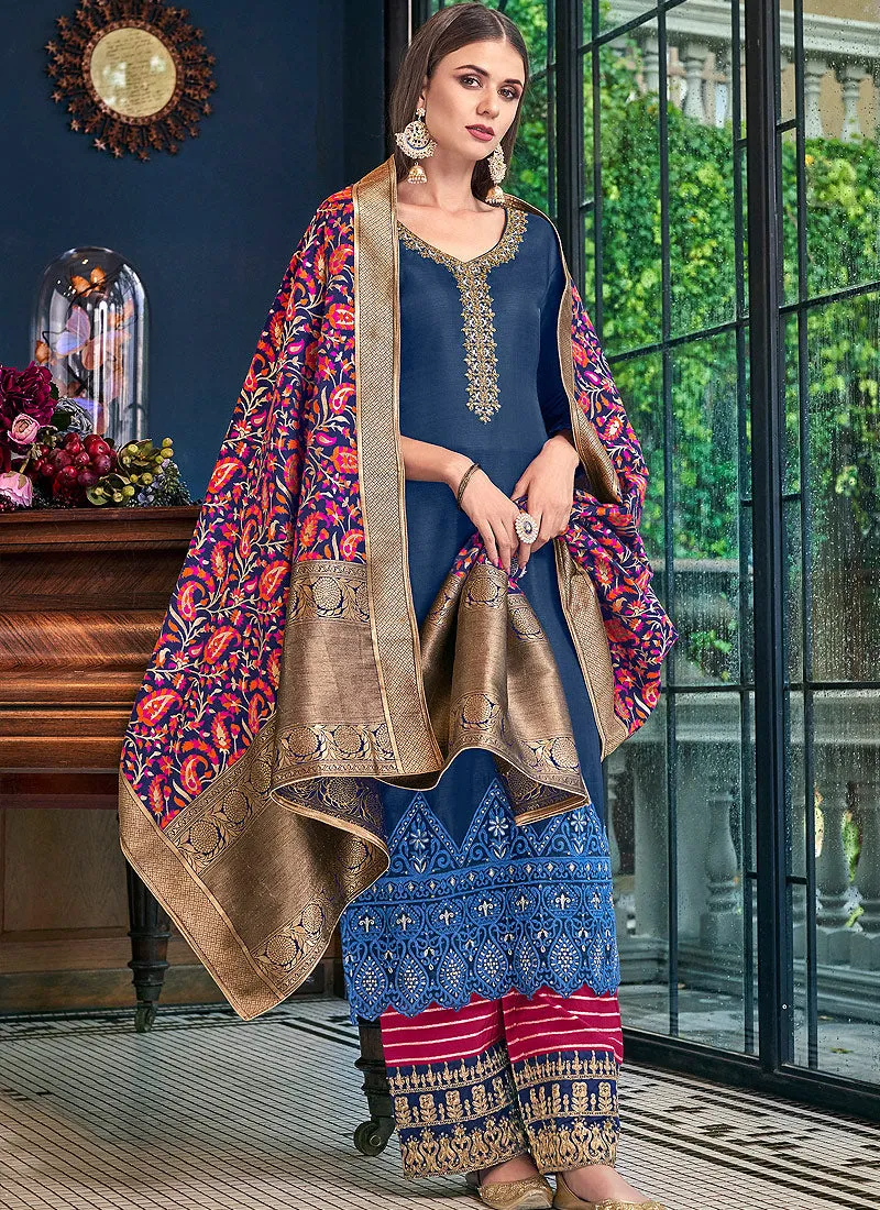 Blue And Pink Silk Palazzos Pant Suit