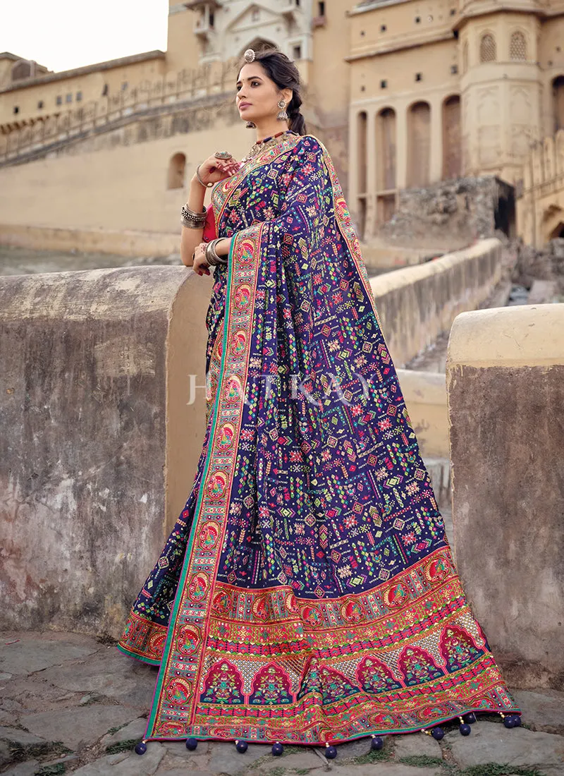 Blue And Pink Traditional Embroidered Banarasi Silk Saree