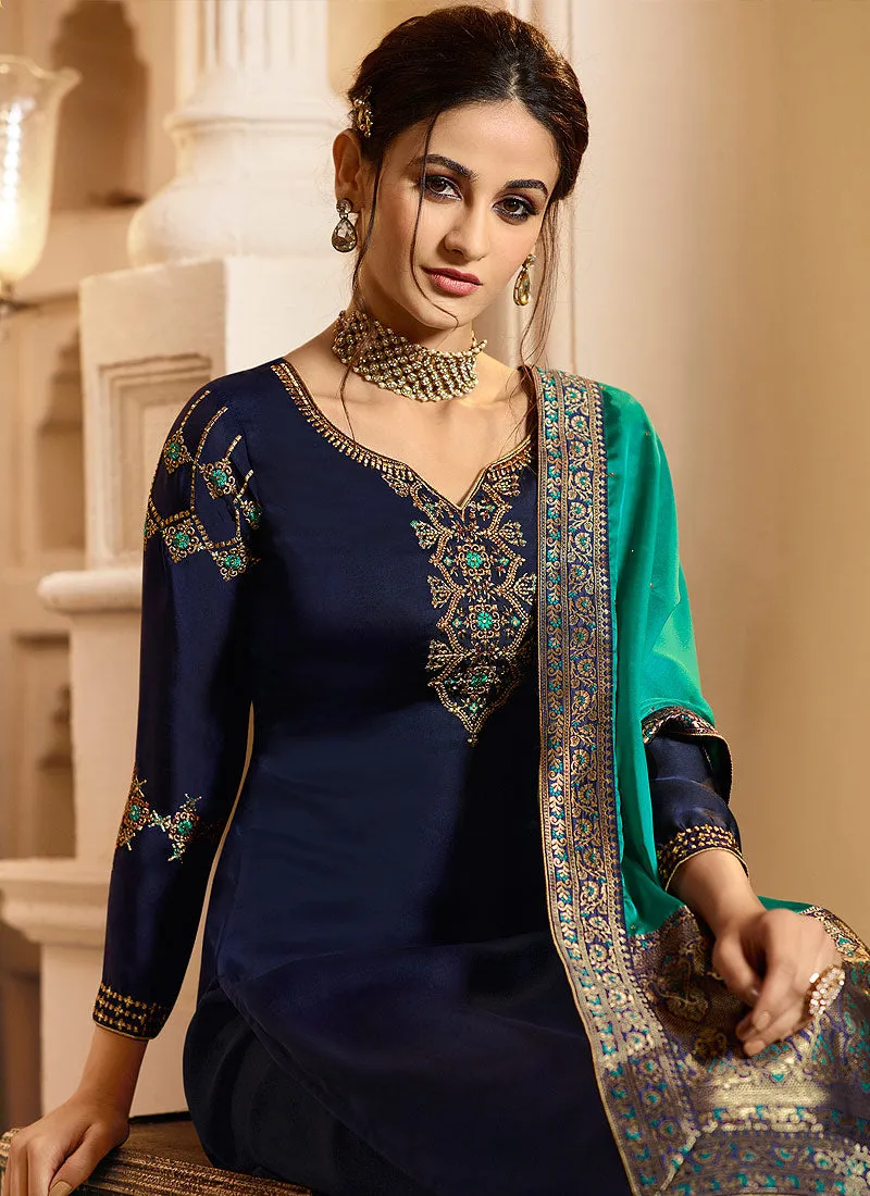 Blue And Turquoise Palazzo Pant Suit
