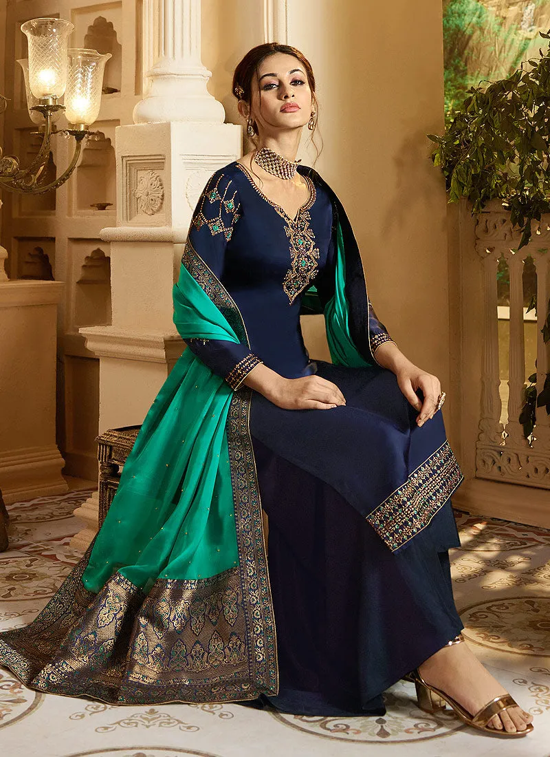 Blue And Turquoise Palazzo Pant Suit