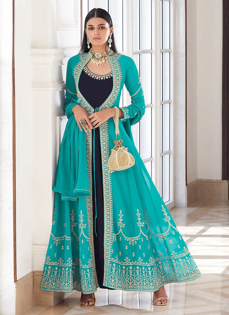 Blue Embellished Jacket Style Anarkali Suit