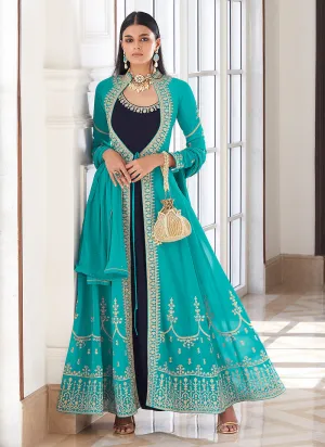 Blue Embellished Jacket Style Anarkali Suit