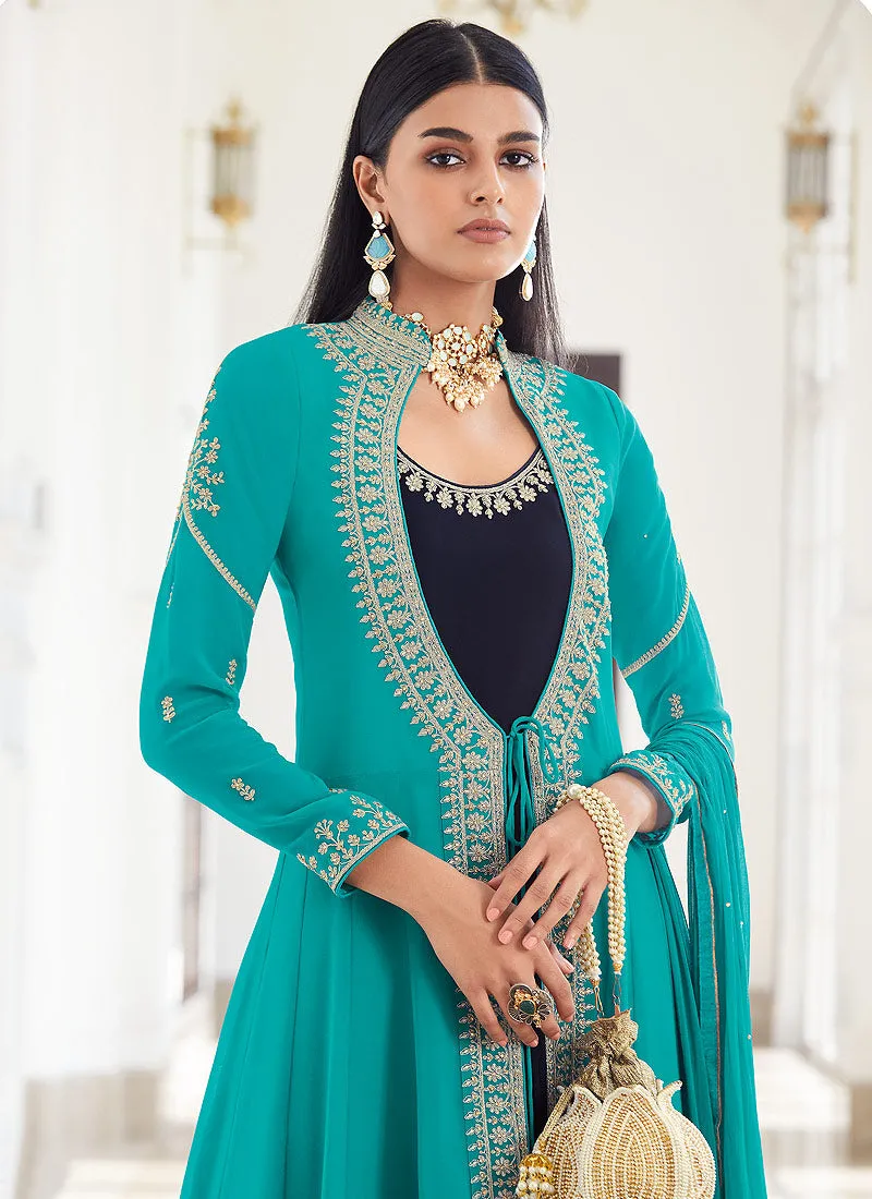 Blue Embellished Jacket Style Anarkali Suit
