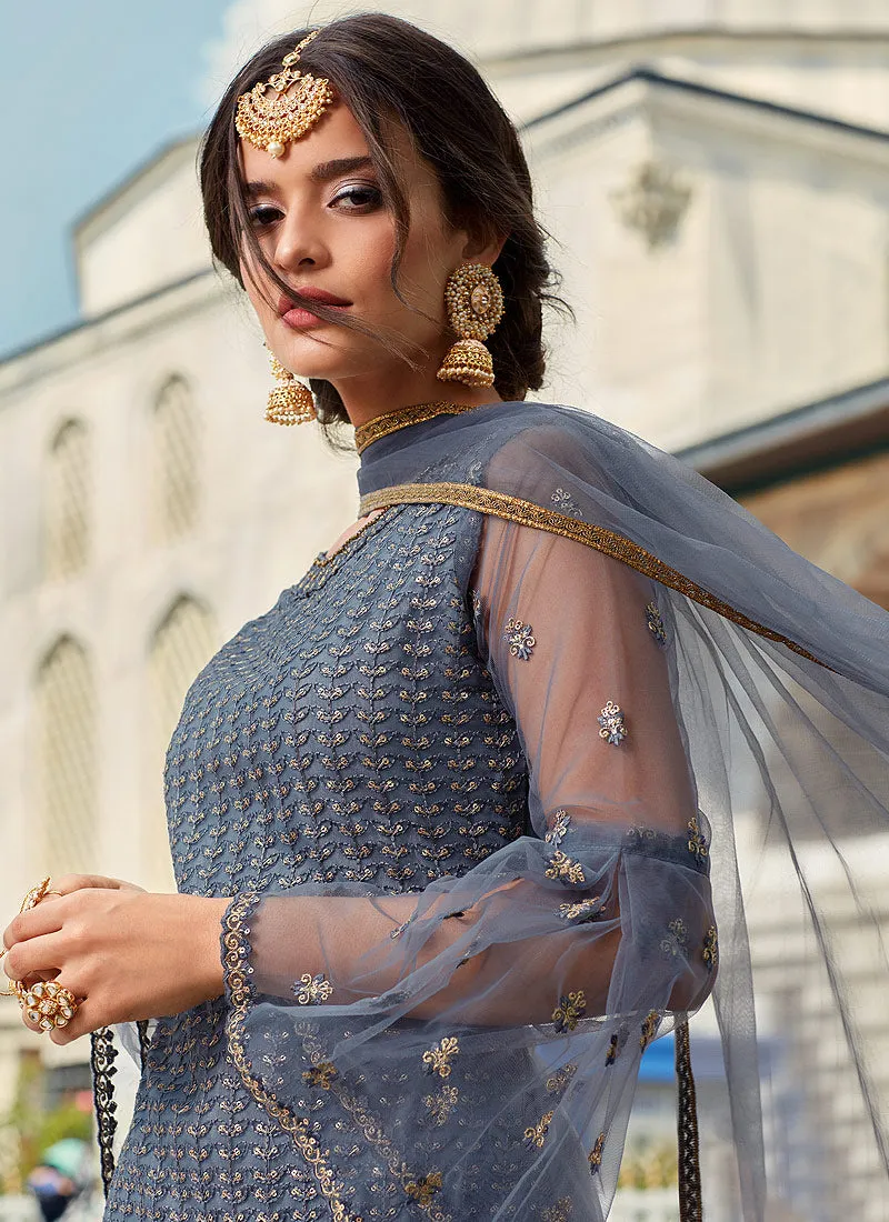 Blue Ethnic Embroidered Designer Gharara Suit