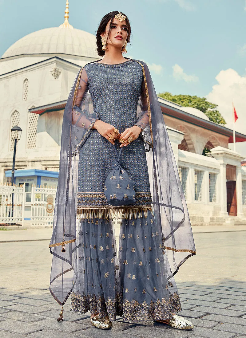 Blue Ethnic Embroidered Designer Gharara Suit